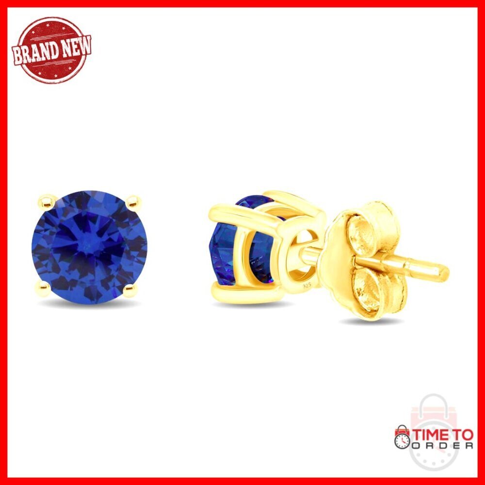 4mm Round Simulated Birthstone Stud Earrings 14K Gold Plated Sterling Silver